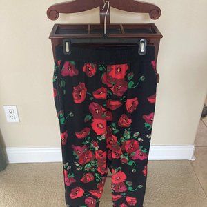 Du Jour Pants, XS Elastic Waist, Red Floral on Black
